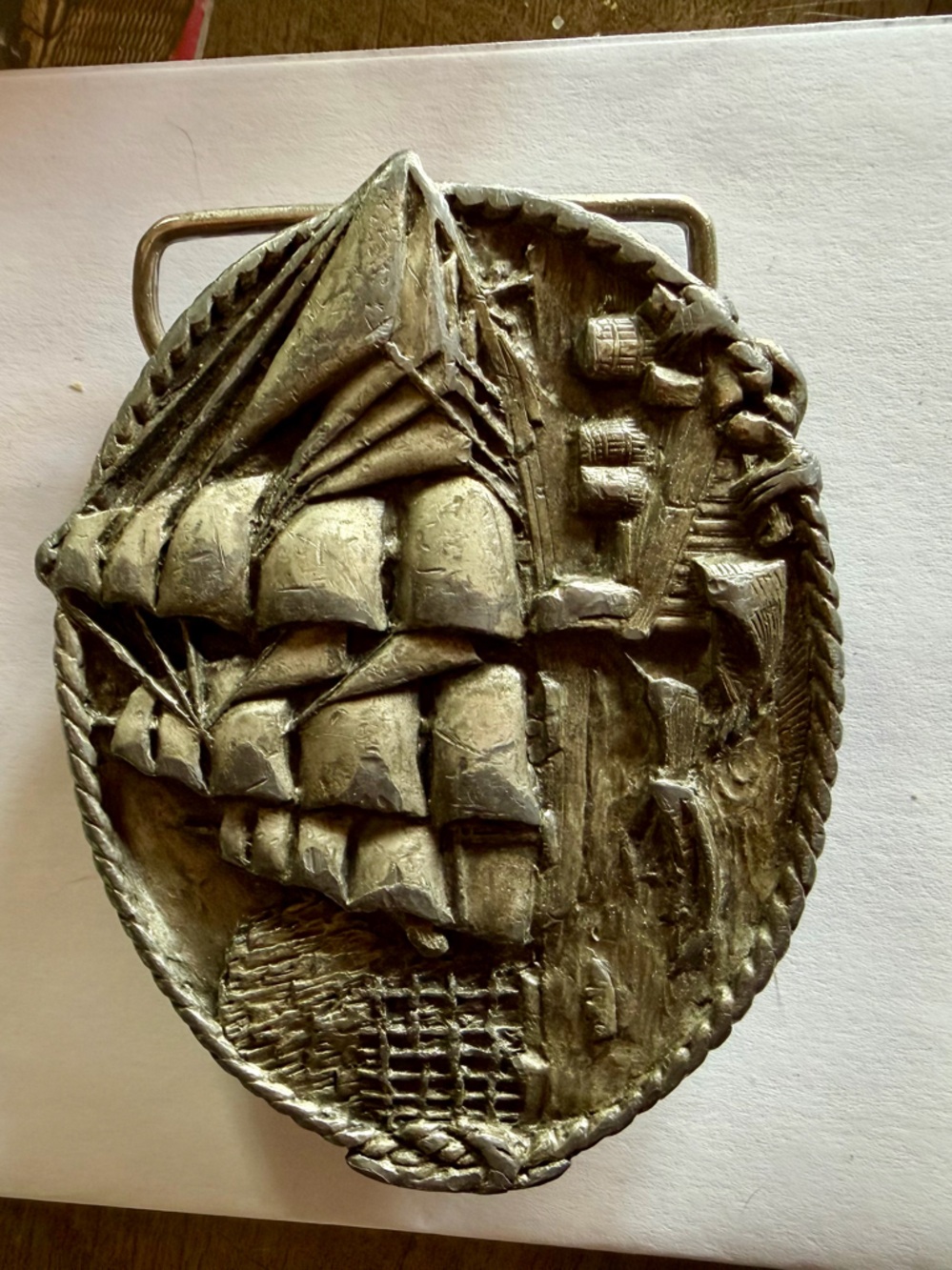 Vintage Bergamot Brass Works, Sailing ship belt buckle 1983.